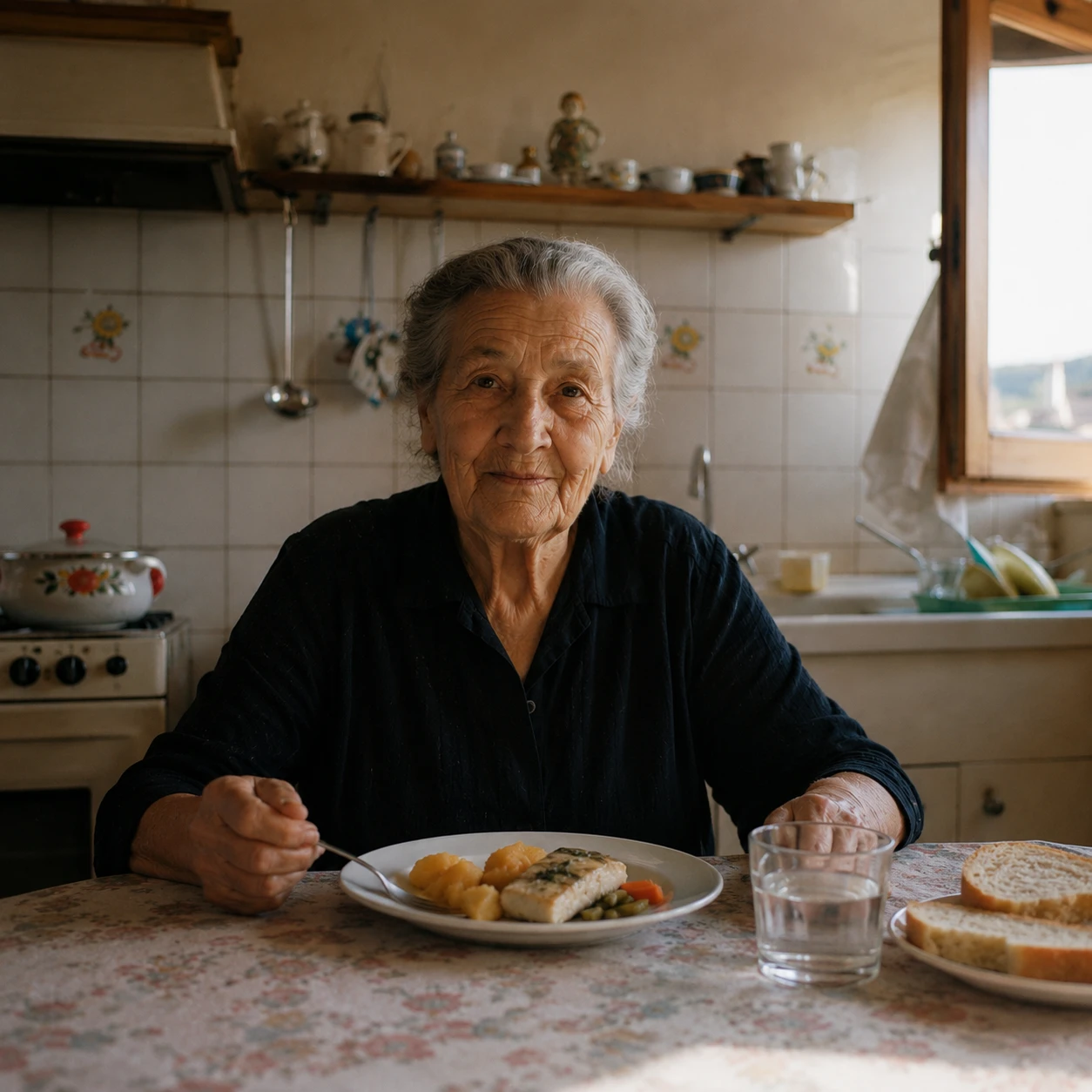 Persona gran dinant a casa, a la taula de la cuina